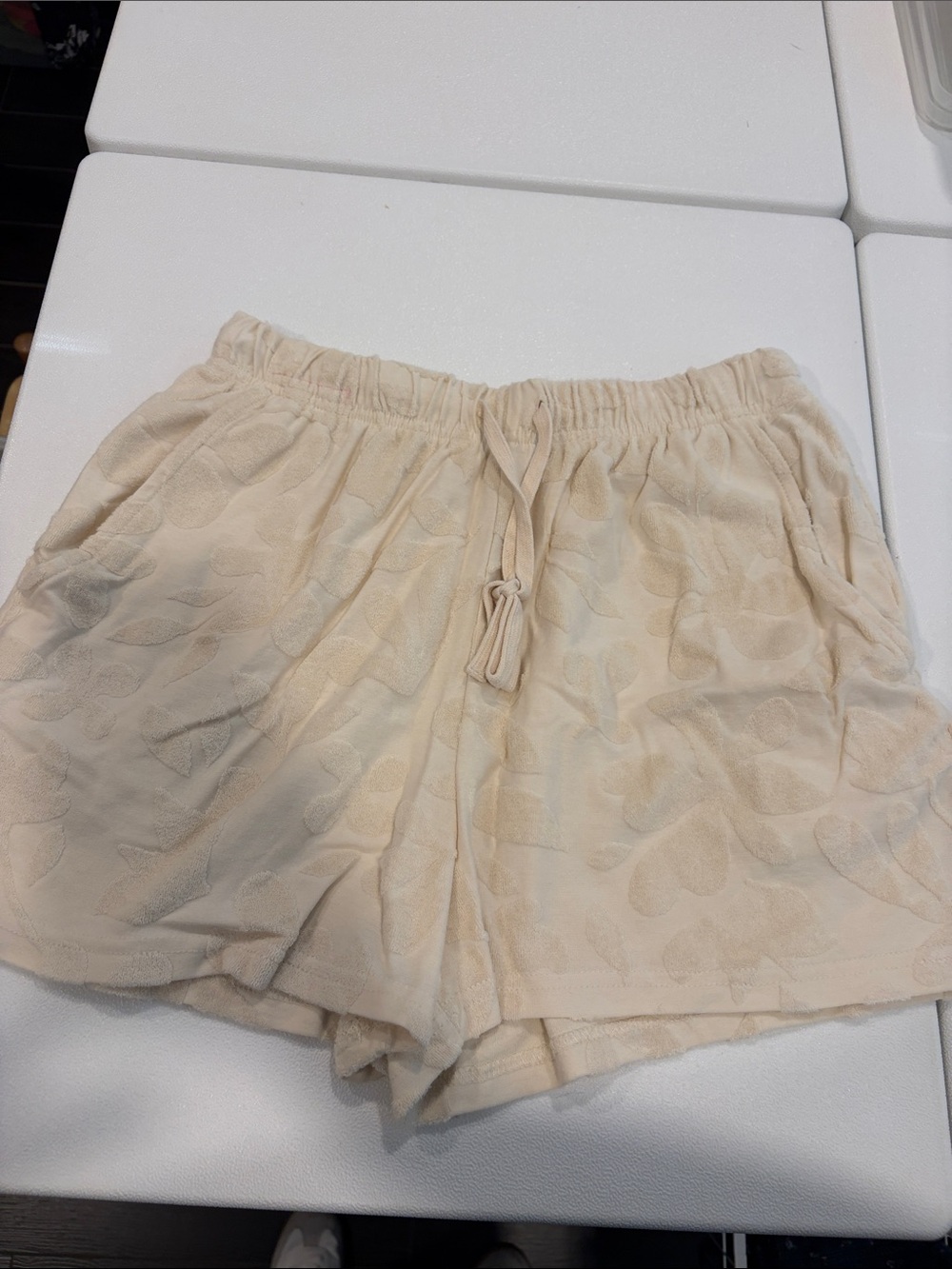 Hem & Thread Cream High-Waist Textured Drawstring Shorts